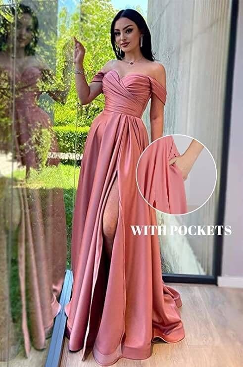 Women's Off Shoulder Prom Dresses A Line Corset Ruched Satin Bridesmaid Dress Long Formal Wedding Guest Party Gowns with Slit Champagne Size US4 - Image 5