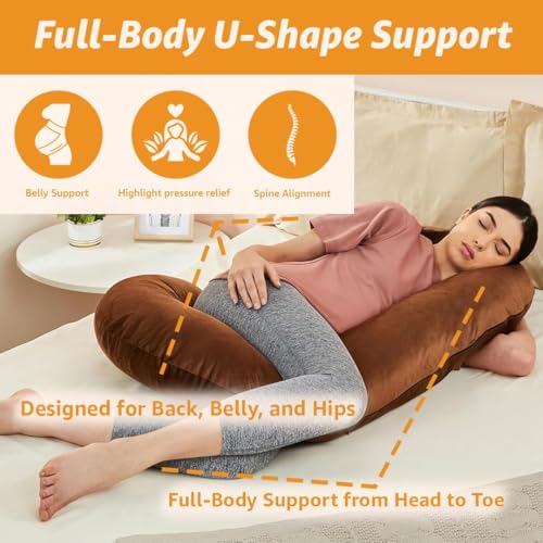 Image of Amazon Basics Full Body Pregnancy Pillow for Maternity, Baby Nursing, Full Body Support -Abdomen,Hip, Spine, Neck& Leg Support Cushion| Perfect Baby Shower Gift |C-Shaped-Washable Cover with Zip-Brown