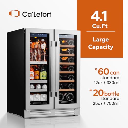 Ca'Lefort 24 Inch Wine and Beverage Refrigerator, 60 Can and 20 Bottle Wine Fridge 36-72°F, 3 LED Dual Zone Wine Cooler with Glass Door, Built-in Compressor Refrigerator for Home/Kitchen (4.10 cu.ft)