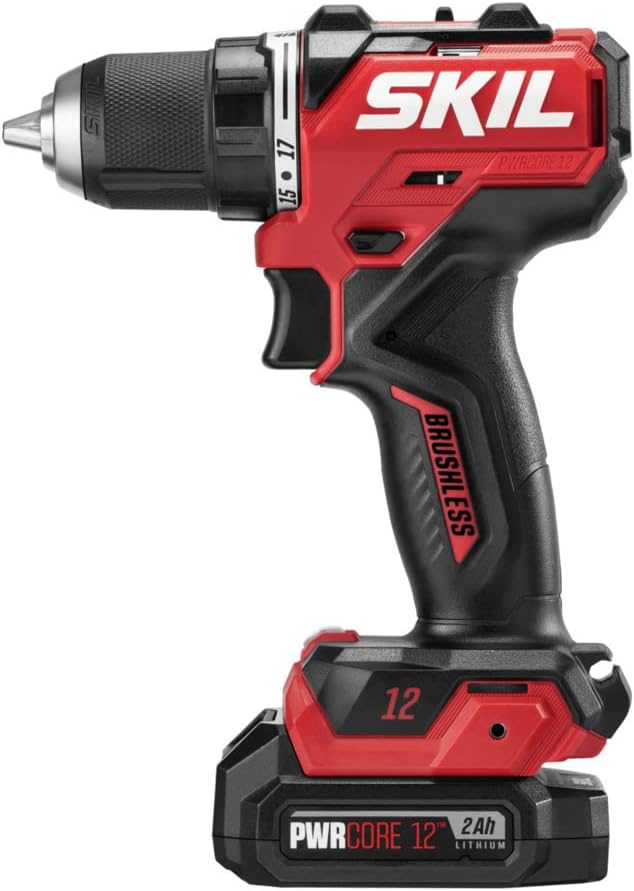 SKIL PWR CORE 12 Brushless 12V 1/2" Compact Variable-Speed Drill Driver Kit with 1/2'' Single-Sleeve, Keyless Chuck & LED Worklight Including 2.0Ah Battery and PWR JUMP Charger - DL6290A-10