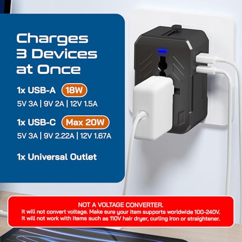 Image of Ceptics Universal Travel Adapter with 20W USB-C, All in One Travel Accessories with 1 USB A (18W), 1 Type C and Universal Socket, Compact International Adapter for Worldwide Use