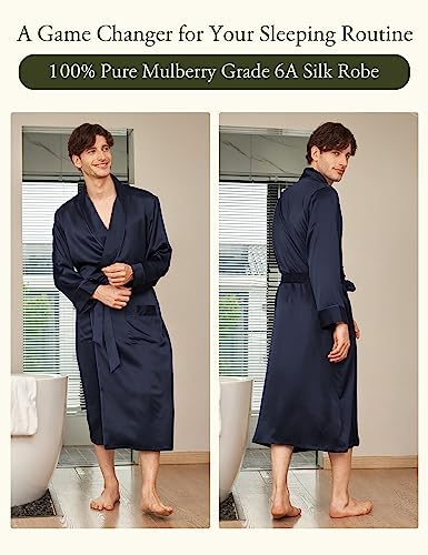 LilySilk 100% Silk Robe for Men Long Sleeve Lapel Collar 22 Momme Silk Kimono Bathrobe Male Sleepwear Soft2