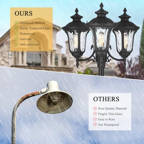 Outdoor Lamp Post Light, Black Outside High Pole Light 3-Head Waterproof Modern Exterior Street Lamp Road Lighting Fixture for Garden, Backyard, Patio, Lawn, Pathway, Driveway - Image 5