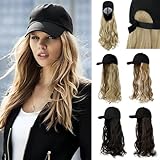 Cephermer Baseball Hat Wig,Hat with Hair attached 24'' Adjustable Black Cap with Long Wavy Synthetic Hair Extensions for Women Girls(Light Brown Mix Ash Blonde)