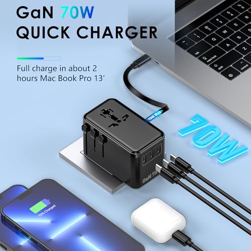 Image of JMFONE 70W GaN Universal Travel Adapter, Retractable USB-C Cable + 4 USB-Port + 2500W AC Outlet, International Power Adapter with US EU UK AUS Plugs for 200+ Countries, Fast Charging Laptops Phones