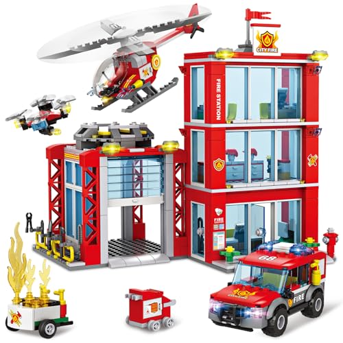 City Fire Station Building Blocks Set with Fire Truck , Fire Rescue Helicopter,Drone & Fire Engine Toys,Fire Command Center Playset, Firefighters Roleplay Toy Gifts for Kids Boys Girls Ages 6+(744PCS)