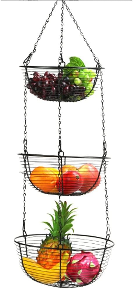ulumn 3段ワイヤーバスケット フルーツオーガナイザー キッチンバスケット 高耐久ワイヤーオーガナイザー ワイヤーメタル天井フック付き ブラック