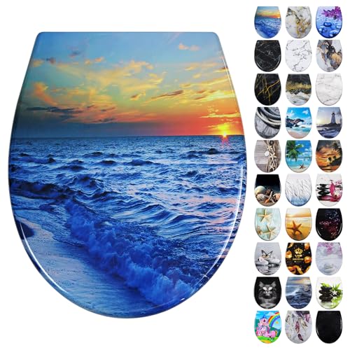 Fanmitrk Toilettendeckel Duroplast, WC Sitz mit Absenkautomatik, Klodeckel mit Schnellverschluss, Einfach zu Reinigen, Montage von oben, Toilettensitz mit Motiv, Klobrille in O Form (UF81902)