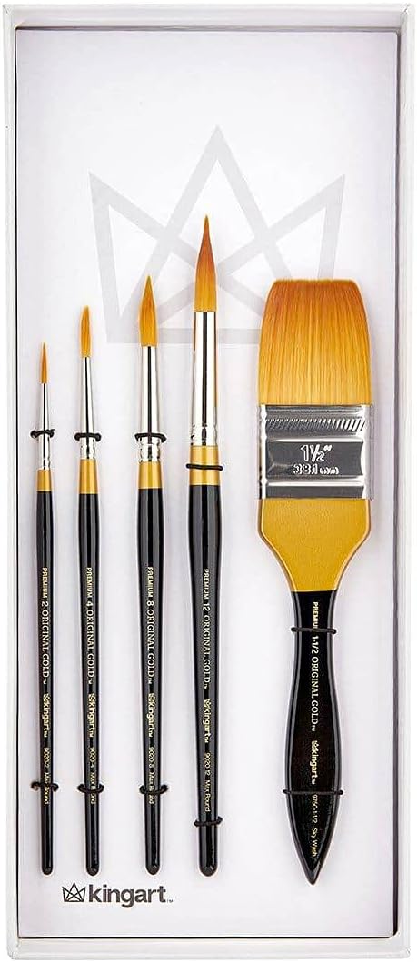 KINGART Original Gold Series Premium Golden Taklon Multimedia Artist Brushes, Painting Tools for Oil, Acrylic, Watercolor and Gouache, Gift Box, Set of 5