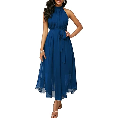 chouyatou Women's Summer Halter Neck Sleeveless Party Beach Maxi Chiffon Dress