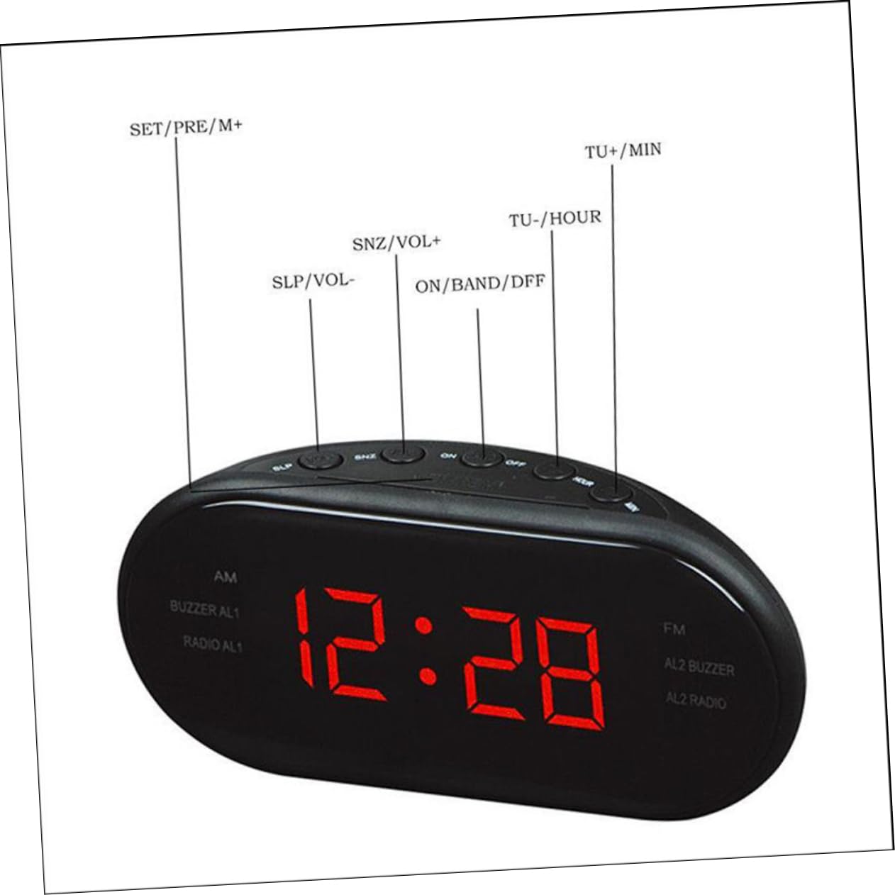 SEWACC Radio Despertador Digital con Radio Am y Luces Nocturnas, Pantalla Curva Grande y Función de Repetición para Mesita de Noche, Diseño Plástico Rojo