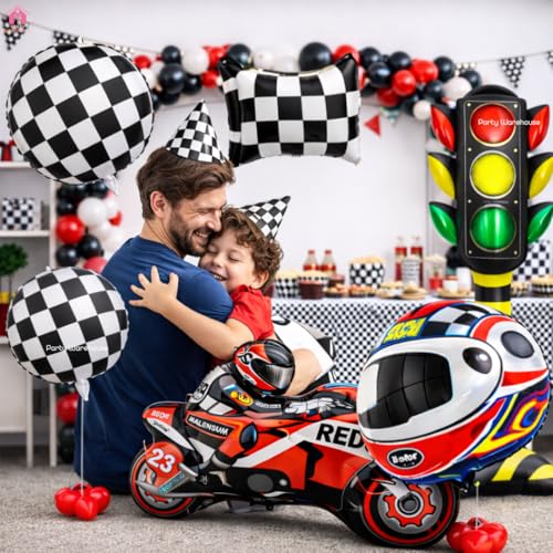 Image of Party Warehouse Racing Bike Theme Birthday Decoration Combo Set with standee Traffic Signal Prop|Motorbike Foil Balloon with Helmet, Tyre & Checkered Flag Balloon|Bikers & kids /adults party decor-36pc