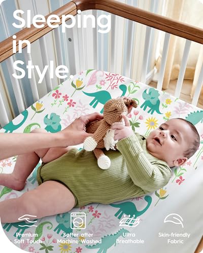 Image of Dinosaur Pack N Play Sheets Fitted, Ultra Soft Mini Crib Sheets for Boy, Premium Jersey Knit Pack and Play Sheets, Stretchy Neutral Play Yard Sheets for Pack and Play Mattress, 2 Pack