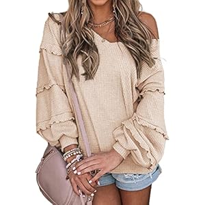 BTFBM-Womens-V-Neck-Long-Sleeve-Blouse-Loose-Fit-Tunics-Ruffles-Off-Shoulder-Waffle-Knit-Solid-Color-Tops-Fall-Tee-Shirts BTFBM Women’s V Neck Long Sleeve Blouse Loose Fit Tunics Ruffles Off Shoulder Waffle Knit Solid Color Tops Fall Tee Shirts(Solid Apricot,Small)