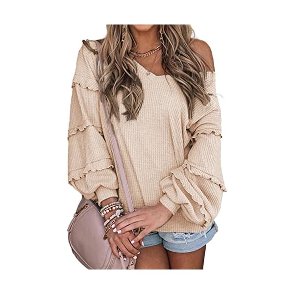 BTFBM-Womens-V-Neck-Long-Sleeve-Blouse-Loose-Fit-Tunics-Ruffles-Off-Shoulder-Waffle-Knit-Solid-Color-Tops-Fall-Tee-Shirts BTFBM Women’s V Neck Long Sleeve Blouse Loose Fit Tunics Ruffles Off Shoulder Waffle Knit Solid Color Tops Fall Tee Shirts(Solid Apricot,Small)