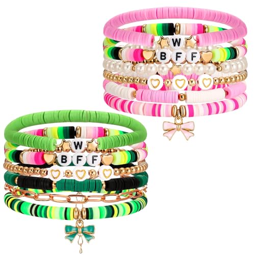 12 Pcs Witch Princess Pink Green Bracelets Friendship Bracelets Preppy Clay Bead BFF Wristbands Bulk for Birthday Party Favor Cosplay Outfit Movie Fans Merch Gifts