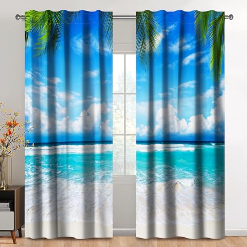 Kzzfqxb 107x160cm Rod Pocket Curtains 2 Panels, Summer Resort Green Ocean Waves Blue Sky Faraway Clouds on the Sea Palm Tree Beach Scenery Window Drapes, Fresh Decor for Bedroom Living Room