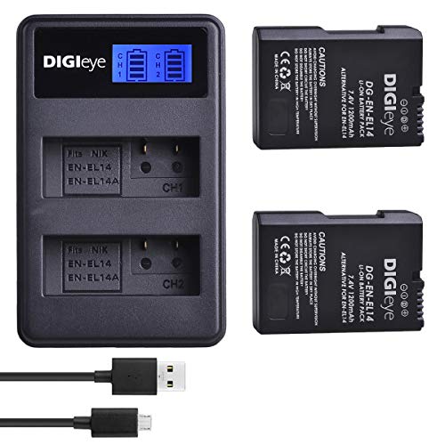 DIGIeye EN-EL14 EN-EL14A Battery (2 Pack) with Dual LCD USB Charger for Nikon D3100, D3200, D3300, D3400, D3500, D5100, D5200, D5300, D5500, D5600, Df DSLR, Coolpix P7000, P7100, P7700, P7800