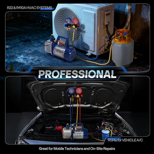 Image of VIVOHOME 3 /4 HP 7.2CFM 2 Stage AC Vacuum Pump and 4 Way Manifold Gauge Set | 110V HVAC Vacuum Pump Kit, Leak Detector, 5ft Hoses, for R134a R410a R12 R22 R502 Air Conditioning Refrigeration Recharging