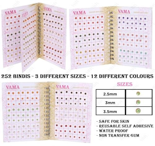VAMA Multicolour Small Stone Bindis Kumkum Forehead Sticker Bindiya Bindi Booklet for Girls & Women - 252 Diamond Sticker Bindis Book - Image 3