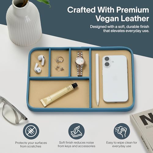 Nordik Leather Valet Tray - Nordik Blue - 30 x 20 cm Large-Sized Vegan Leather Tray - Stylish Nightstand Organizer for Men - Modern Bedside Caddy - EDC Catchall for Keys Watch Wallet Jewellery - Image 2