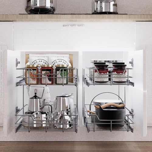 Image of 2 Tier Pull Out Cabinet Organizer 11 inch W X 22 inch D, Chromed, Full Slide Out
