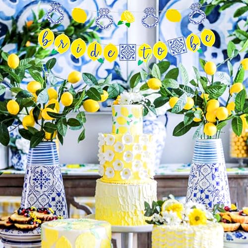 Image of Lemon Bridal Shower Decorations Capri Lemon Engagement Banner Blue Tiles And Lemon Bride to Be Banner Fruit Lemon Theme Bachelorette Party Decorations
