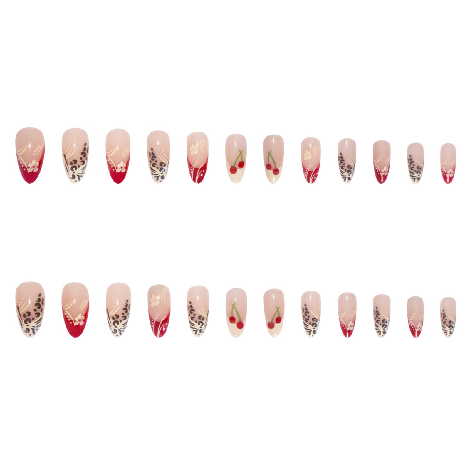Shimmerz 24 Piece Red Almond Press On Nails, White Flowers, Leopard and Cherries Pattern, Medium Size, Glossy, Full Coverage - Image 4