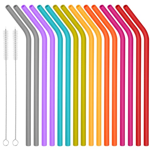 16 Pièces Pailles en Silicone Réutilisable, Coloré Courbées Pailles à Boire avec Brosse de Nettoyage pour Adulte Enfants pour le Café, les Boissons Froides, Accessoires de Fête