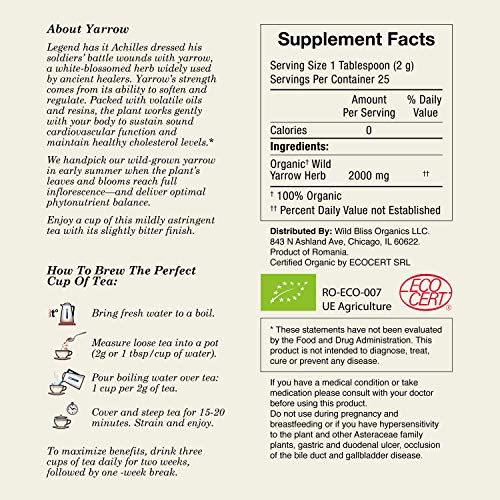 Organic Yarrow Tea - Caffeine Free Loose Leaf Herbal Tea - Pharmacopoeia Potency - 1.76 Ounces - 25 Servings #TOP1