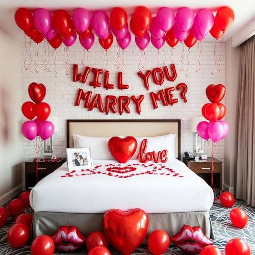 Will You Marry Me Decorations red Will You Marry Me Proposal red lips Foil Letter Balloon Heart Shaped Petal Balloon for Valentine's Day