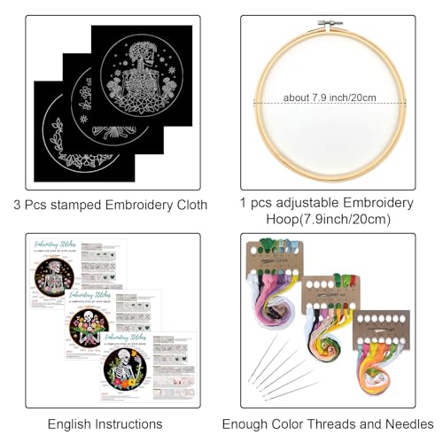Image of Louise Maelys 3 Pcs Halloween Embroidery Kit for Beginners, Skeleton Floral Spooky Handmade Set with Hoop, Printed Fabric and Instruction, Needlework DIY Craft for Adults