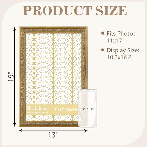 Image of VIOLABBEY 11x17 Picture Frame Gold, Vintage Photo Frames Ornate without Mat for Wall Hanging