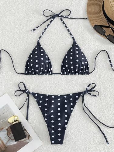 Image of Tainehs Women's Sexy Halter Thong Bikini Tie Two Sides Bottom Triangle Bikini Swimsuits
