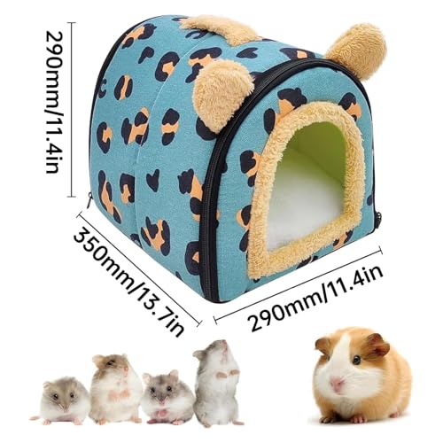 Tkxjry Meerschweinchen Betthöhle, mit Abnehmbarem Reißverschluss Meerschweinchen Haus, Warmes Hamsterhaus, 35*29*29cm Kleintierbett, Für Zwergkaninchen, Chinchilla, Hamster(Blauer Leopardenmuster) (S)
