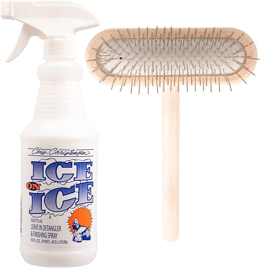 Chris Christensen Spray desenredante y acabado + paquete de cepillos para perros desenredante de hielo sobre hielo y espray de acabado, añade