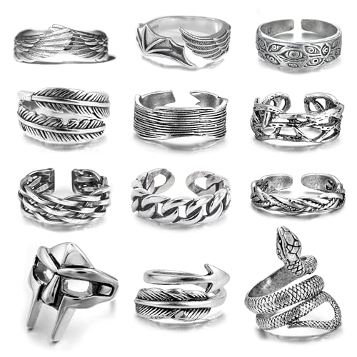 12 Pcs Vintage Rings for Men Adjustable Punk Gothic Viking Feather Angel Wings Snake Mask Rings Set