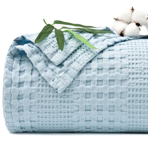 PHF Cooling Waffle Blanket Queen Size,Lightweight 60% Rayon Derived from Bamboo & 40% Cotton Breathable Blanket for Hot Sleepers, Soft and Luxury for Bed Couch and Sofa, 90"x90",Sky Blue