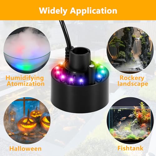 Ultraschall Vernebler, Mini Nebelmaschine mit 12 LED-Licht Nebler Fogger Leiser Zerstäuber 24V Nebelhersteller für Teich, Aquarium,Halloween Pumpkin und Hexentopf mit Spritzwassergeschütztem Zubehör
