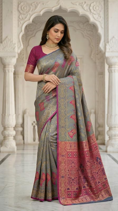 Image of C J Enterprise Women's Pure Soft Silk Saree With Blouse Piece For Wedding (Damru-Patola)