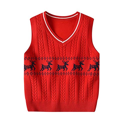 Toddler Baby Boy Girl Cable Knit Sweater Vest Sleeveless Pull Over Waistcoat Top Fall Winter Clothes (Christmas elk-red, 5-6X)
