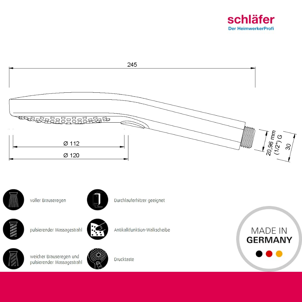Schläfer 1304700 Alcachofa de ducha cuadrada negra mate, ducha a mano, alcachofa de ducha multichorro universal, ducha estándar, alcachofa cuadrada de alta presión, teléfono ducha