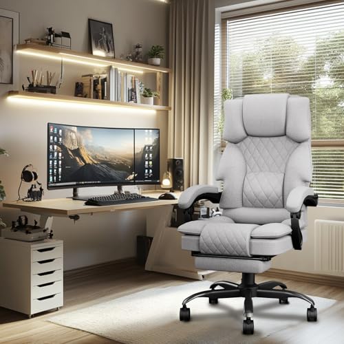 PZDO Desk Chair, Ergonomic Office Chair for Home, Fabric Computer Chairs with Footrest & Wide Seat, Big Tall Executive Chair for Adults, Adjustable Height Recliner, Heavy Duty, 350LBS, Light Grey
