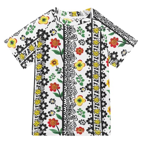 ALAZA Boys Swim Shirts Toddler Rash Guard Short Sleeve Rashguard Flower Black White UPF 50+ 11-12T
