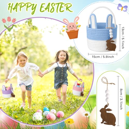 Image of SiliFine 4 Set Easter Baskets Easter Bunny Basket with Name Tag Rabbit Ear Easter Stuffer Basket Rustic Woven Round Storage for Kid Girl and Boy Gift Baby Shower Party Decoration Supplies