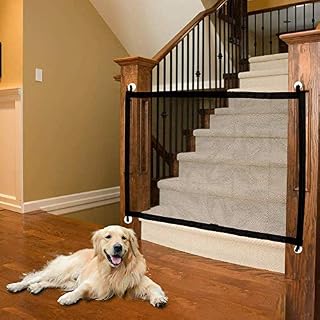 Dog Gates,Foldable Mesh Pet Stair Cat Gate Portable Magic Gate for Dogs Enclosure Pet Isolation Net Retractable Safety Gate Install Anywhere Adhesive Hooks and Poles Included 180 x 72 cm/110*72cm.