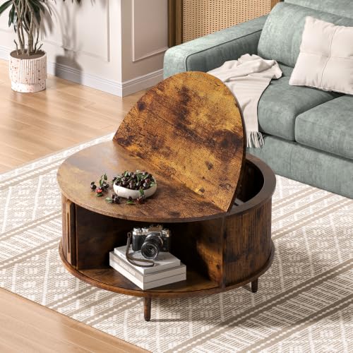 Image of Round Coffee Table, 31.5 inch Fluted Center Table with Storage, Lift-Top Coffee Table with Adjustable Footpads, Sliding Door, Mid-Century Modern Center Table for Living Room, Small Space (Brown)