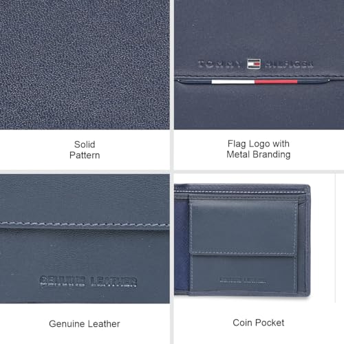 Image of Tommy Hilfiger Men's Leather Wallet Eupen | Solid Navy Multicard Bi-Fold with 6 Card Slots, Side-Closure Coin Pocket | Stylish Purse for Gents