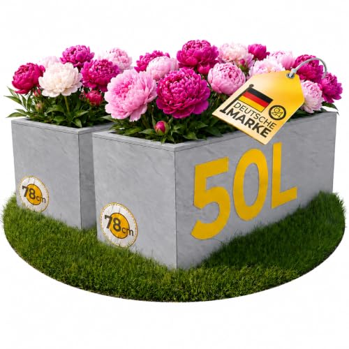 Ondis24 2X Pflanzkübel Vulkano je 50L Pflanzvolumen rechteckig Blumenkasten mit Wasserspeicher Balkon Terrasse Blumenkübel Doppelpack (Hellgrau)