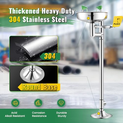 Image of Huanyu Stand Up Eye Wash Station Floor Mounted Eyewash Station Adjustable Water Flow Emergency Eye Washing Station Stainless Steel with Eye Wash Sign Factory (1207 Silver)